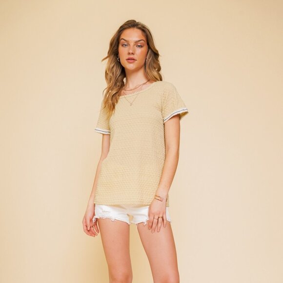 HEM & THREAD Light Green Textured Short Sleeve Top, Honeycomb Knit Blouse - Picture 5 of 5